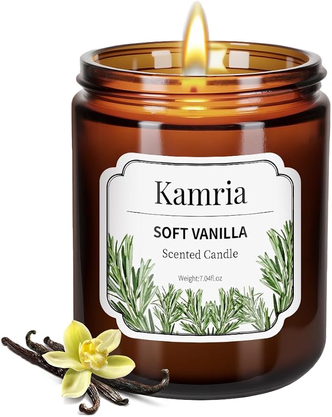 Soft Vanilla Scented Candle, Warm & Cozy Aromatherapy in Amber Glass Jar, Natural Soy Wax for Home Decor, Sweet Relaxing Gift for Women, 7oz