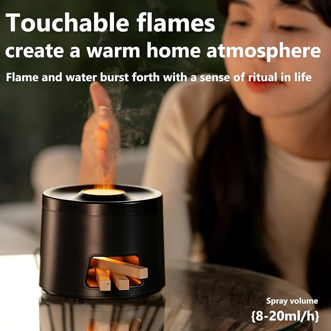 180ml Quiet Aromatherapy Diffuser, Ultrasonic Essential Oil Humidifier with Auto Shut-Off & 7-Color Flame Light for Home Bedroom Living Room Kitchen (Black)
