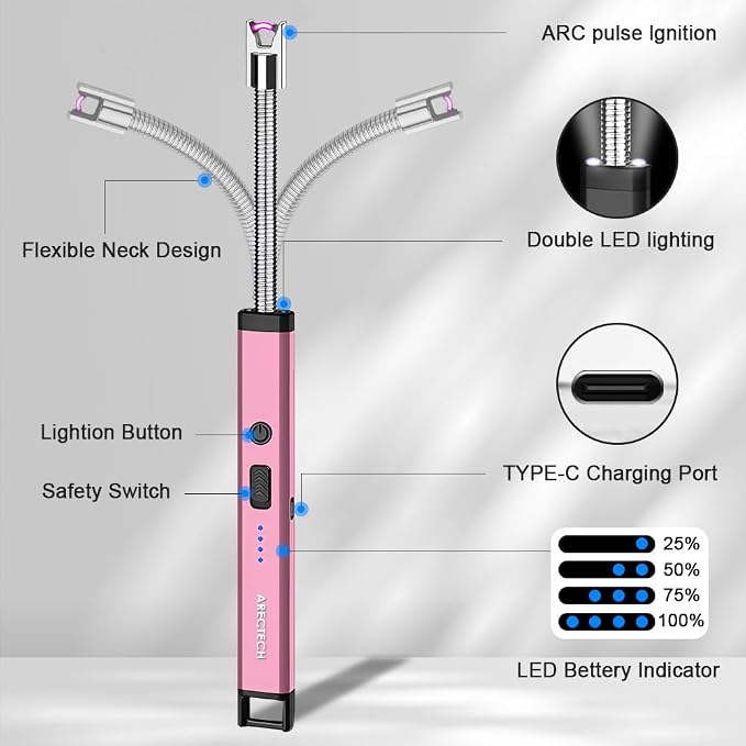 ARECTECH Candle Electric Lighter Rechargeable USB Arc Lighter for Candle Camping Fireworks Christmas Birthday Gifts with LED Light for Men Women Pink