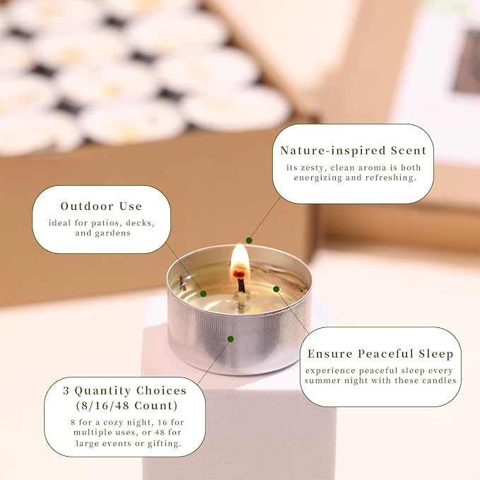 16 Pcs 6H Citronella Tealight Candles Indoor Outdoor, Decorative Scented Tealight Candles with 100% Palm Wax Base & Dried Lemongrass, Smokelss for Patio, Home, Outside Use