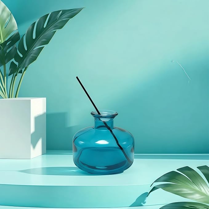 1 Pack Blue Glass Reed Diffuser Bottle, 200ml Rounded Belly Aromatherapy Diffuser Jar, Empty Essential Oil Fragrance Bottle for DIY Replacement Reed Sticks Home Office Decor