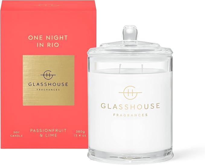 Glasshouse Fragrances One Night in Rio Candle, Triple Scented Natural Soy Wax Blend, 2 Wicks & Glass Jar, 65 Hour Burn Time, Passionfruit & Lime, 13.4 Oz (380g)
