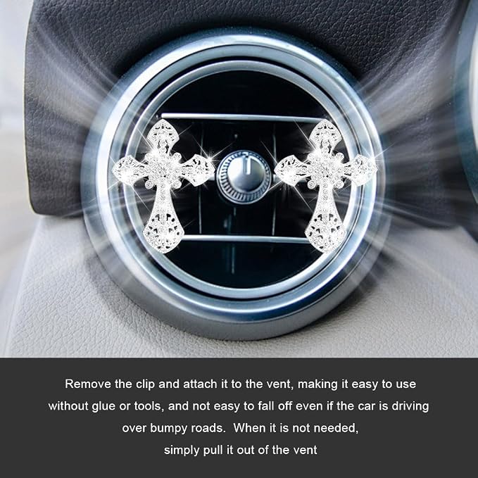 2PCS Car Air Vent Clip, Car Diffuser, Bling Car Dashboard Air Vent Trim Clip, Cross Air Conditioning Outlet Clip for Women Girls, Silver