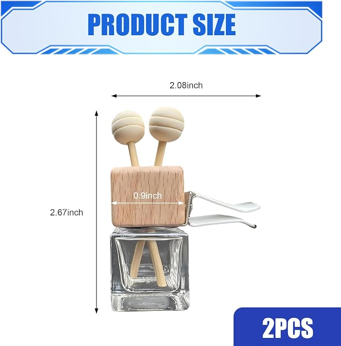 2 PCS Car Vent Diffuser Bottles, Refillable Glass Bottle with Wooden Stick Air Vent Clip, Empty Bottle Car Diffuser, Universal for Most Vehicles (Transparent)