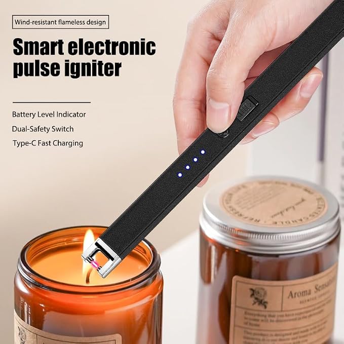 Candle Lighter Electric Arc Lighters for Candle, Long Neck Flameless & Windproof Rechargeable USB, Camping BBQ (Black)
