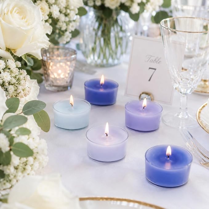 Blue Ombre Tea Lights Candle Set of 24, Sea Salt Scented Tealight Candles, Handmade Tea Candles, Long Burning Tealights for Romantic Wedding Home Decor Gift