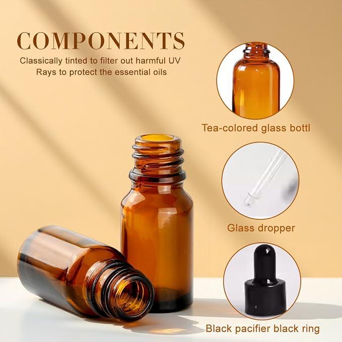 erioctry 5ML/10ML Amber Glass Essential Oil Bottles and Eyed Dropper Black Caps Makeup Cosmetic Sample Container Boxes of Glass for Essential Oil Aromatherapy Use(Pack of 12) (5ML)