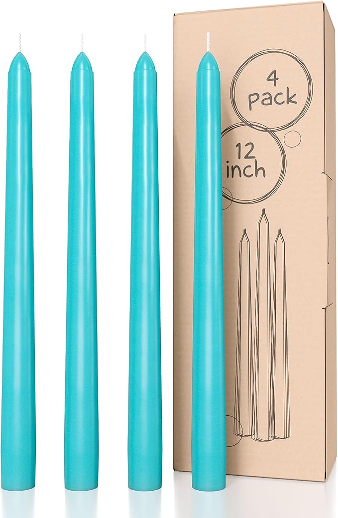 CANDWAX 12 inch Turquoise Taper Candles Pack of 4 - Unscented Smokeless Dripless Teal Candlesticks - Perfect for Holidays, Ordinary Dinners and Special Occasions - Tall Taper Candles