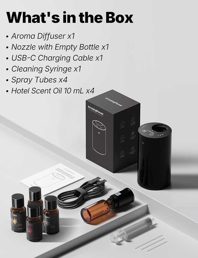 Waterless Essential Oil Diffuser Starter Kit with 4x10mL Hotel Scent Fragrance Oils, Rechargeable Mini Car Diffuser Scent Air Freshener Machine, Portable Aroma Diffuser for Home Car Office, Black