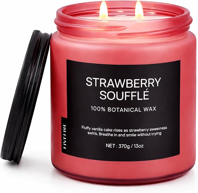 Strawberry Soufflé Home Scented Candles, 13oz Organic Soy Wax, 76-Hour Clean Burning, Natural Non-Toxic, Sweet & Fruity Gourmand Scent for Relaxation, Aromatherapy Housewarming Candle Men Women
