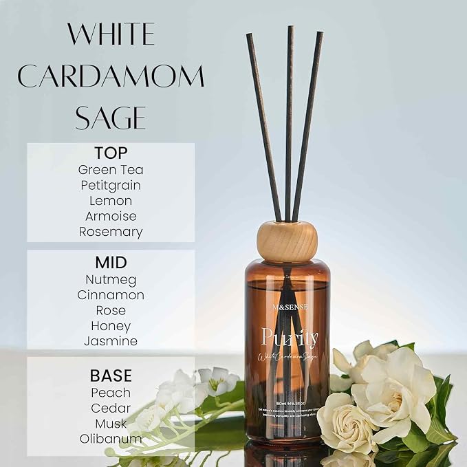 M&SENSE Reed Diffuser Set, White Cardamom Sage Scented 6.3 fl oz Natural Essential Oil Diffusers with Sticks, Non-Toxic Organic Air Freshener, Long-Lasting Fragrance Oils for Home Bathroom Kitchen