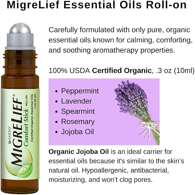 Nutritional Support & Comfort Kit for Migraine Sufferers - MigreLief Original Daily Triple Therapy Formula, Plus MigreLief Comfort Stick Essential Oils Roll-On (10ml) - 1 Month Supply.