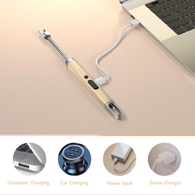 Electric Candle Lighter, USB-C Rechageable Arc Lighters for Camping, Long Lighter with 360° Flexible Neck & Safety Switch, Windproof lighters for BBQ, Gift for Mom, Wife (Champagne Gold)
