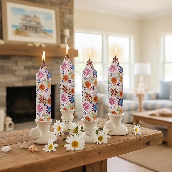 5 inch Short Candle Floral Candle Sticks Seashell Printed Candles Stick Handmade Unscented Taper Candle 4 Pack Flower Tapered Candles for Evening Wedding, Bohemian Seaside Theme Home Decor