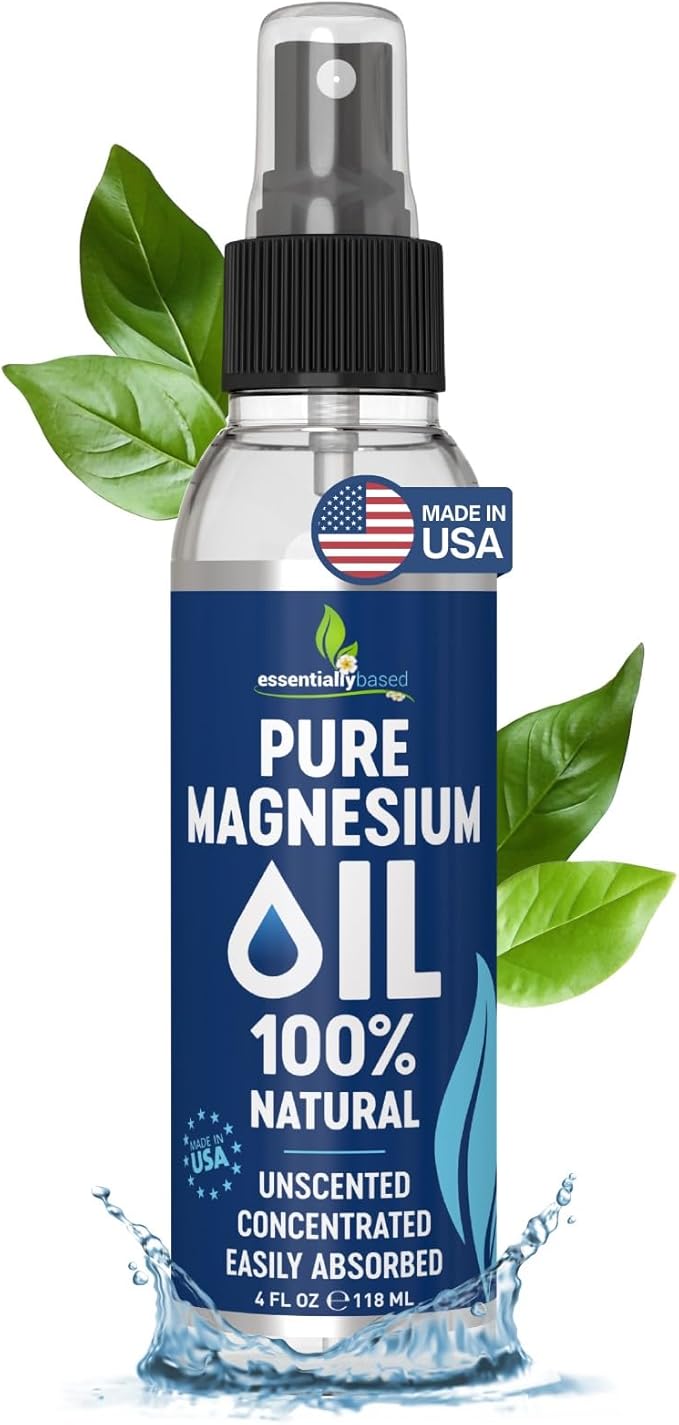 Pure Magnesium Oil Spray 4oz - Topical Magnesium Spray for Sleep & Feet - Extra Strength - USP Grade - 100% Natural and Organic Oil for Muscle Pain & Cramps - Less Sting - Less Itch - Made in USA
