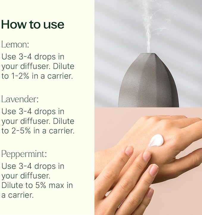 Plant Therapy Lemon, Lavender and Peppermint Essential Oil Set 10 mL (1/3 oz) 100% Pure, Undiluted, Therapeutic Grade
