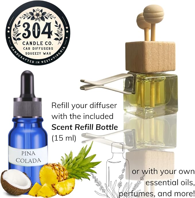Cute Refillable Car Air Freshener Vent Clip 8mL – Pina Colada – 15mL Refill Included – Long Lasting Fragrance Oil Diffuser – 100% American Handmade Odor Eliminator