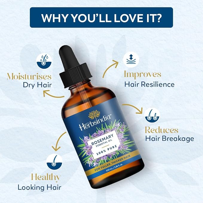 Herbsindia Rosemary Essential Oil for Hair - Huge 3.3 Fl Oz - 100% Pure - Premium Grade with Glass Dropper, Undiluted, Non-GMO