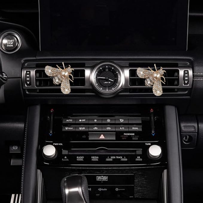 Bling Bee Crystal Car Air Fresheners - Rhinestone Diffuser Vent Clip Charms - Cute Car Decor for Women (Golden)