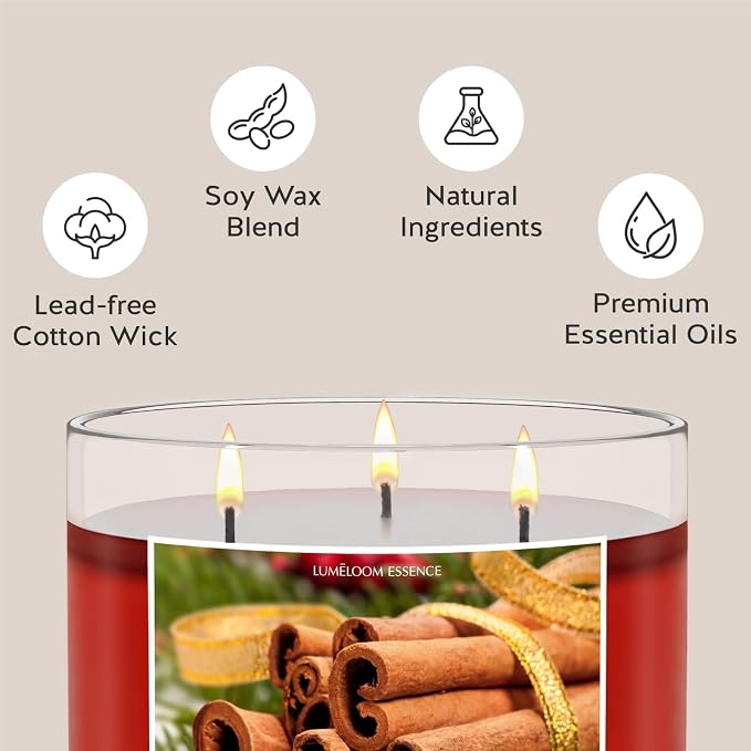 LUMELOOM Cinnamon Candles, 14.5oz, Large 3-Wick Soy Wax Candles for Home Scented, Sweet Cinnamon, Apple, Clove Scent, Holiday Gifts for Women, Men, Friend, Teacher, Long Burning Time