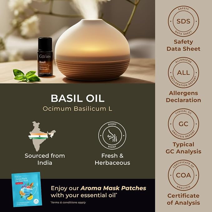 100% Pure Basil Essential Oil - 0.34 Fl Oz - Basil Oil for Hair, Skin, Diffuser, Aromatherapy & DIY Candle Making Scent