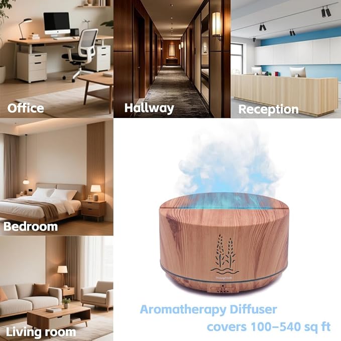 Ultrasonic Essential Oil Diffuser 500ml, Wood Grain Aromatherapy Diffuser with 7 Colors Flame Night Light, 32H Cool Mist for Home Bedroom Large Room Office