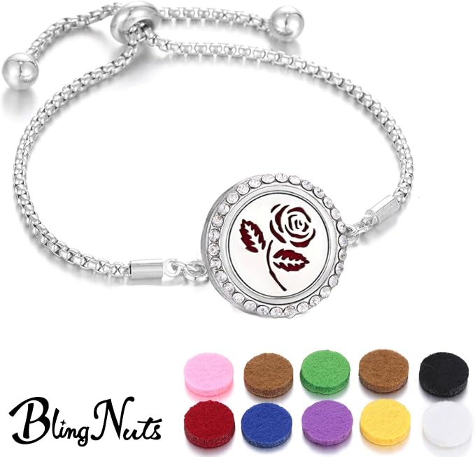 Stainless Steel CZ Essential Oil Diffuser Bracelet Rose Flower Aromatherapy Locket Bracelet with 10 Pcs Refill Pads for Women