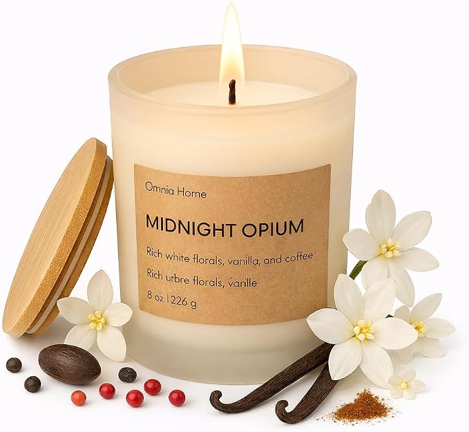 Scented Soy Wax Candle – Floral Candles for Home Scented with Notes of Jasmine, Vanilla & Tonka Bean – Elegant Home Decor & Gift (Midnight Opium, Beige, 8 oz)