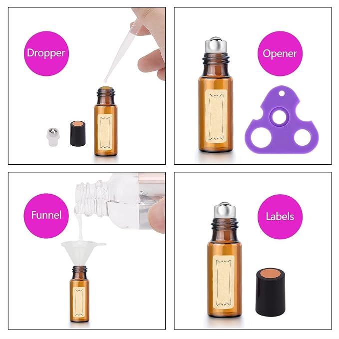 Easytle Essential Oil Roller Bottles, 24 Pack Amber Glass Balls Roller Bottles 5ml for Essential Oils, Roll on Bottle (96 Pieces Labels, 4 Funnels, 4 Dropper, 2 Opener)