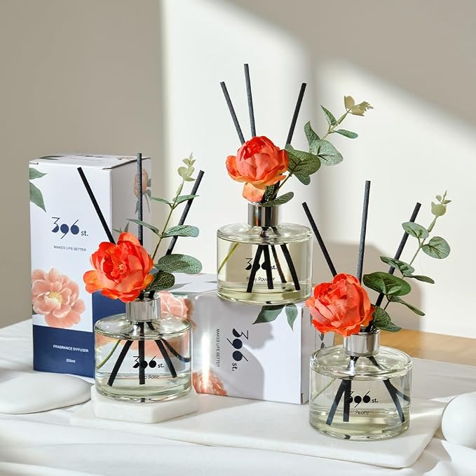 396 st. Peony Flower Reed Diffuser, Black Cherry, 200ml(6.7oz) / Reed Diffuser Sets, Home Fragrance, Scented Oils, Home & Bathroom Décor