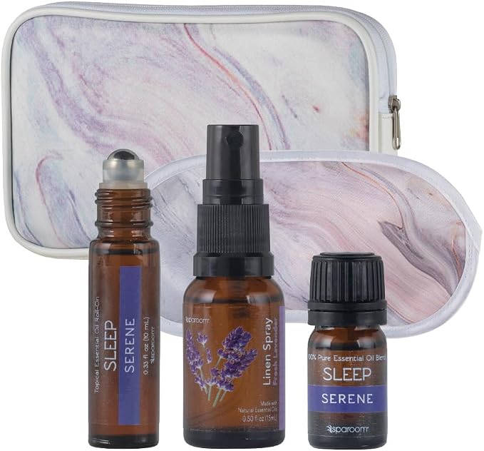 SpaRoom Serene Essential Oil Travel Kit with Eye Mask and Bag; Linen Spray, Essential Oil and Topical Roll-on, Pink Marble