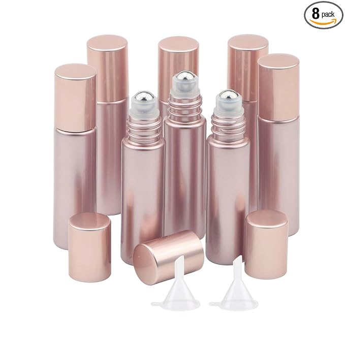 8Pcs 10ml Essential Oil Roller Bottles, 1/3 oz Refillable Roll On Vials with Funnels, Small Glass Containers with Stainless Steel Ball for Perfumes Aromatherapy Liquid, Matte Rose Gold