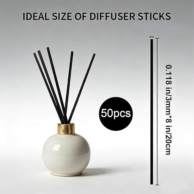 Reed Diffuser Sticks Refill, 20cm (8-inch) 3mm Fiber Reeds - 50 Pcs Natural Unscented, Ideal for Fragrance Oil, Non-Breaking & Non-Staining Replacement Sticks