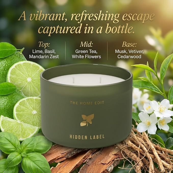 Hidden Label Basil Lime Mandarin Soy Candle, 10oz 2-Wick, 45H Kitchen Fresh | Herbal Citrus Aromatherapy | Non-Toxic Vegan Phthalate-Free | Even Melt No Tunneling | Sage Frosted Reusable Gift Jar