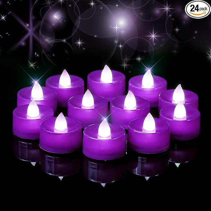 Amagic Purple LED Tea Lights Candles, 24 Pack Battery Operated Flameless Tea Lights, Long Lasting Colored Tealight Candles for Halloween and Christmas, Theme Party, Wedding Table Decor, Mardi Gras
