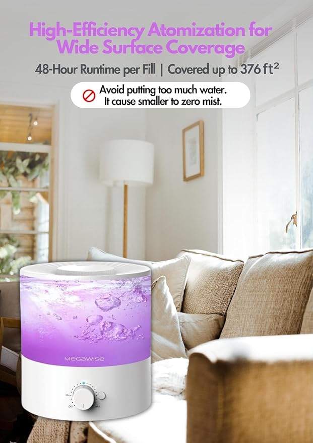 MegaWise Cool Mist Humidifiers for Babies, Bedroom, Nursery, Home and Office | Super Quiet Ultrasonic Vaporizer, Large Top-Refill 1.5L, Essential Oil Diffuser, Auto Off, Easy Clean (2 Pack)
