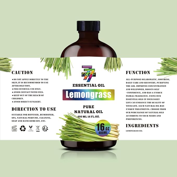 Lemongrass Essential Oil 16fl oz Diffuser DIY Candle Soap | Aroma; Natural; Humidifier Safe; Home Office; Yoga; Gift; Citrus Scent; Cleaning; Steam Distilled; Multipurpose; Fresh