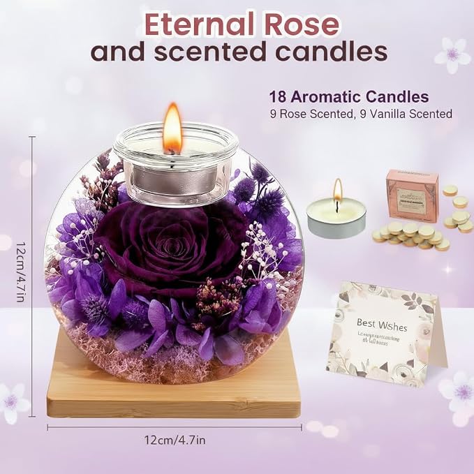 Eternal Preserved Real Rose, Glass Dome Gift Set with 18 Scented Candles (9 Rose,9 Vanilla), Mother's Day Valentine Christmas Birthday Gift for Women Mom Girlfriend Wife Home Decor (Dark Purple)