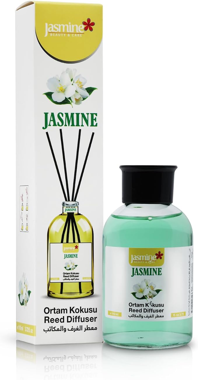 Jasmine Turkish Reed Diffuser (Jasmine) Set 3.72 fl.oz, 110ml, Oil Reed Diffuser with 4 Sticks for Your Office, Bedroom, Bathroom and Kitchen. A Nice Gift to Love. Jasmine Beauty And Care.