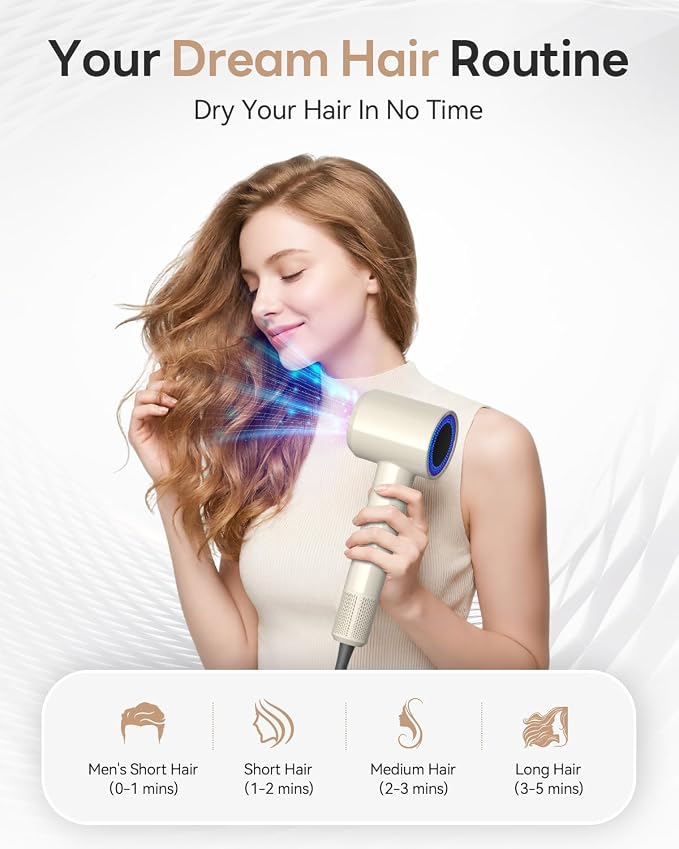 Blow Dryer, 160000RPM Brushless Motor Blow Dryer with 500M Negative Ions Fast Drying Hairdryer, Thermo-Control Low Noise Compact Hair Dryer with 2 Magnetic Nozzles for Curly or Straight Hair