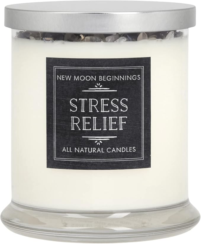 Stress Relief Candle by New Moon Beginnings - Lavender Scented Candle - Dried Flower & Crystal Candles - All Natural Essential Oil Soy Candle (12 Ounce Round Glass)