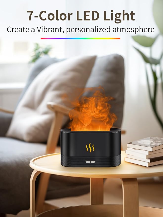 Flame Essential Oil Diffuser, 180ml Aromatherapy Diffuser with 7-Color LED Lights, Auto Shut-Off, Ultrasonic Cool Mist Humidifier for Home, Bedroom, Office, for Dad (Black)