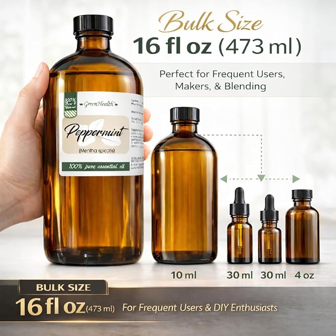 Spearmint Essential Oil – 16 fl oz (473 ml) – 100% Pure & Natural Mentha Spicata – Therapeutic Grade Bulk Essential Oil in Amber Glass Bottle with Dropper – GreenHealth
