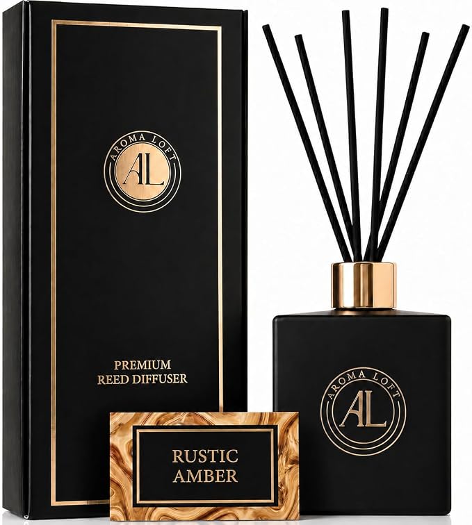 Reed Diffuser - Fragrance Diffuser for Home - 5 oz. Oil Diffuser Sticks - Bathroom Diffuser Set- Oil Diffuser Reeds - Scent Sticks in Oil-Office Smell Good Stuff (Black, Rustic Amber)