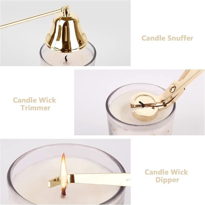 3 in 1 Candle Snuffer Long Handle Candle Extinguisher Candle Wick Trimmer Candle Cutter Candle Wick Dipper Kit - Gold