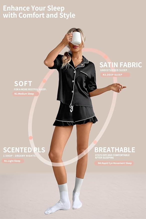 CHYRII Women's Silk Satin Pajamas Two Piece Pj Sets Short Sleeve Tops Ruffled Shorts Sleepwear with Magnetic Diffuser