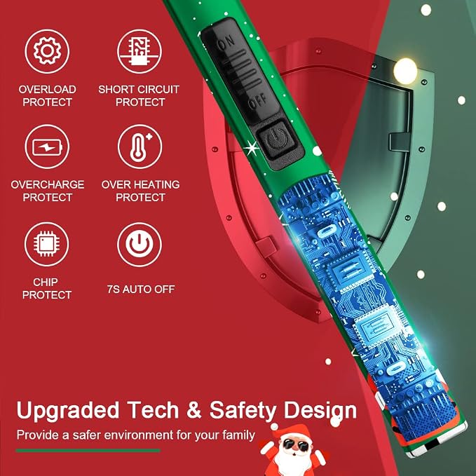 SUPRUS Electric Lighter Arc Windproof Flameless USB Rechargeable Lighter with Safety Lock for Candle BBQ Camping (Christmas Green)