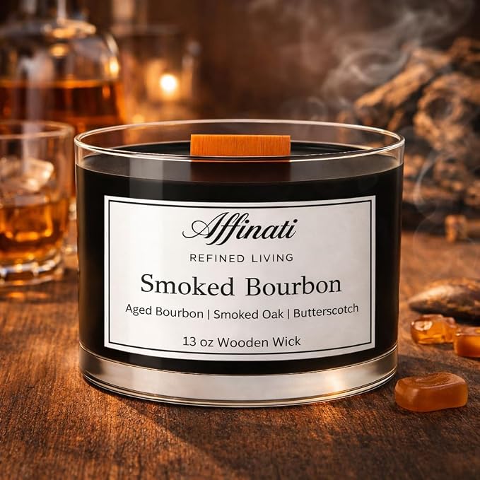 Affinati Smoked Bourbon Wooden Wick Candle – Luxury Wooden Bowl, 13 oz