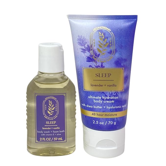 Bath & Body Works Aromatherapy Lavender + Vanilla Sleep - Body Cream - Body Wash + Foam Bath with a Natural Oats Sample Soap - Travel Size
