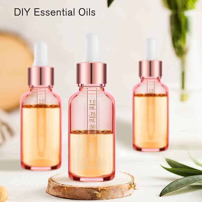 PrettyCare Glass Eye Dropper Bottles 99 Pack, 1oz (30ml) Rose Empty Thick Bottles Bulk with Leakproof Caps - With Labels & Funnels for for Storage, Travel,Essential Oils, DIY Serums